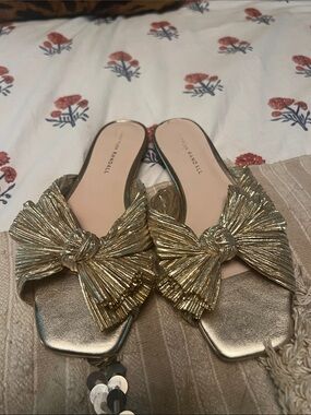 Loeffler Randall Daphne Pleated Gold Bow Sandals